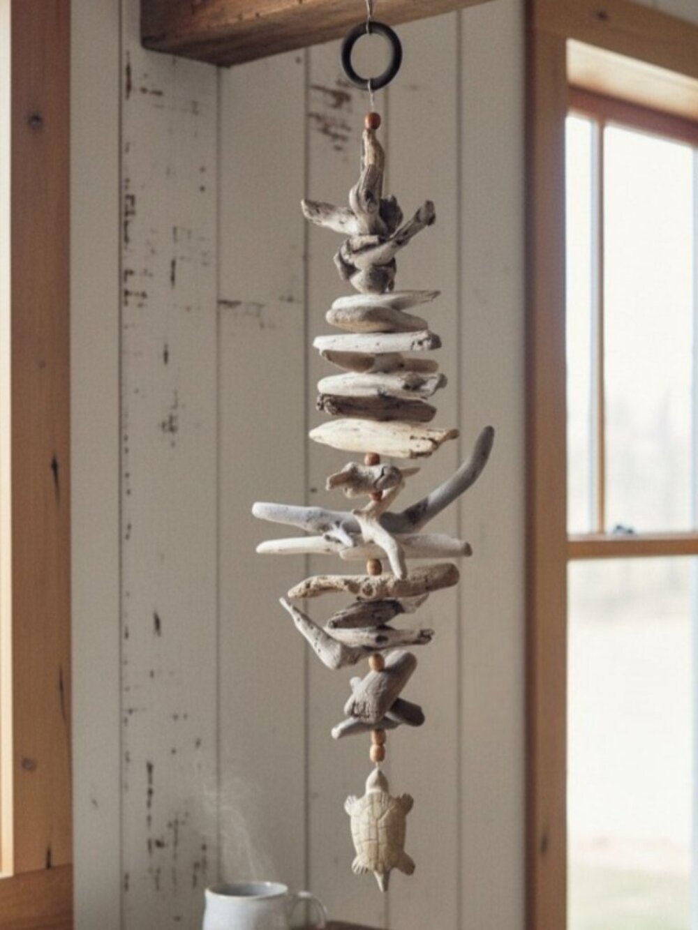 Driftwood Hanging Mobile Garden Art with Turtle Carving